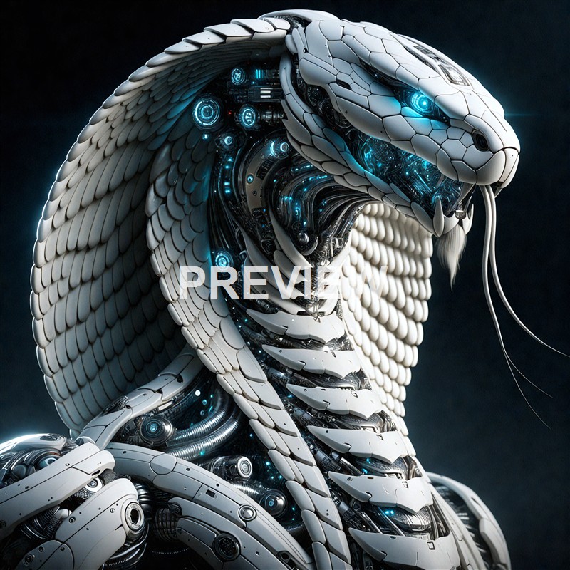 A highly detailed and futuristic robotic snake with a sleek, metallic body featuring glowing blue accents, coiled with intricate mechanical parts and sensors.